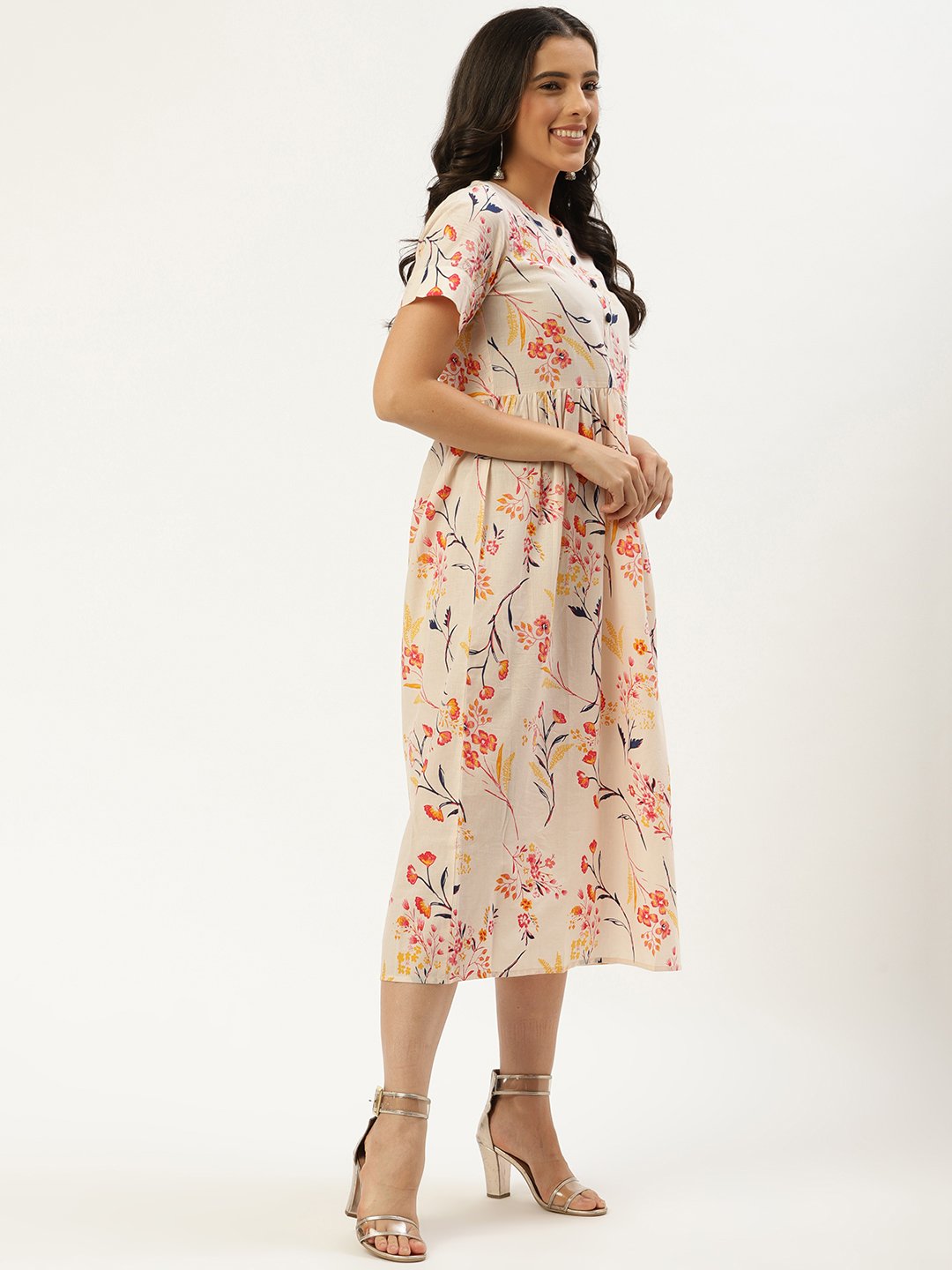 Women Yellow Floral Printed Round Neck Cotton A-Line Dress | NOZ2TOZ - Made In INDIA.