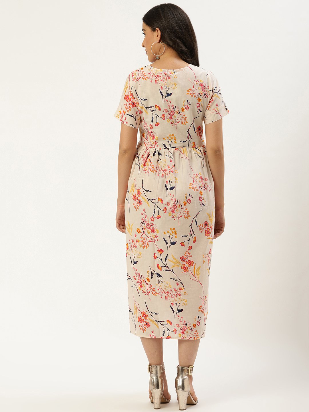 Women Yellow Floral Printed Round Neck Cotton A-Line Dress | NOZ2TOZ - Made In INDIA.