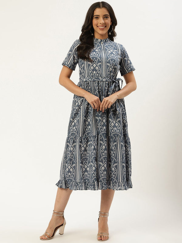 Women Blue Ethnic Motifs Printed High-neck Cotton A-Line Dress | NOZ2TOZ - Made In INDIA.