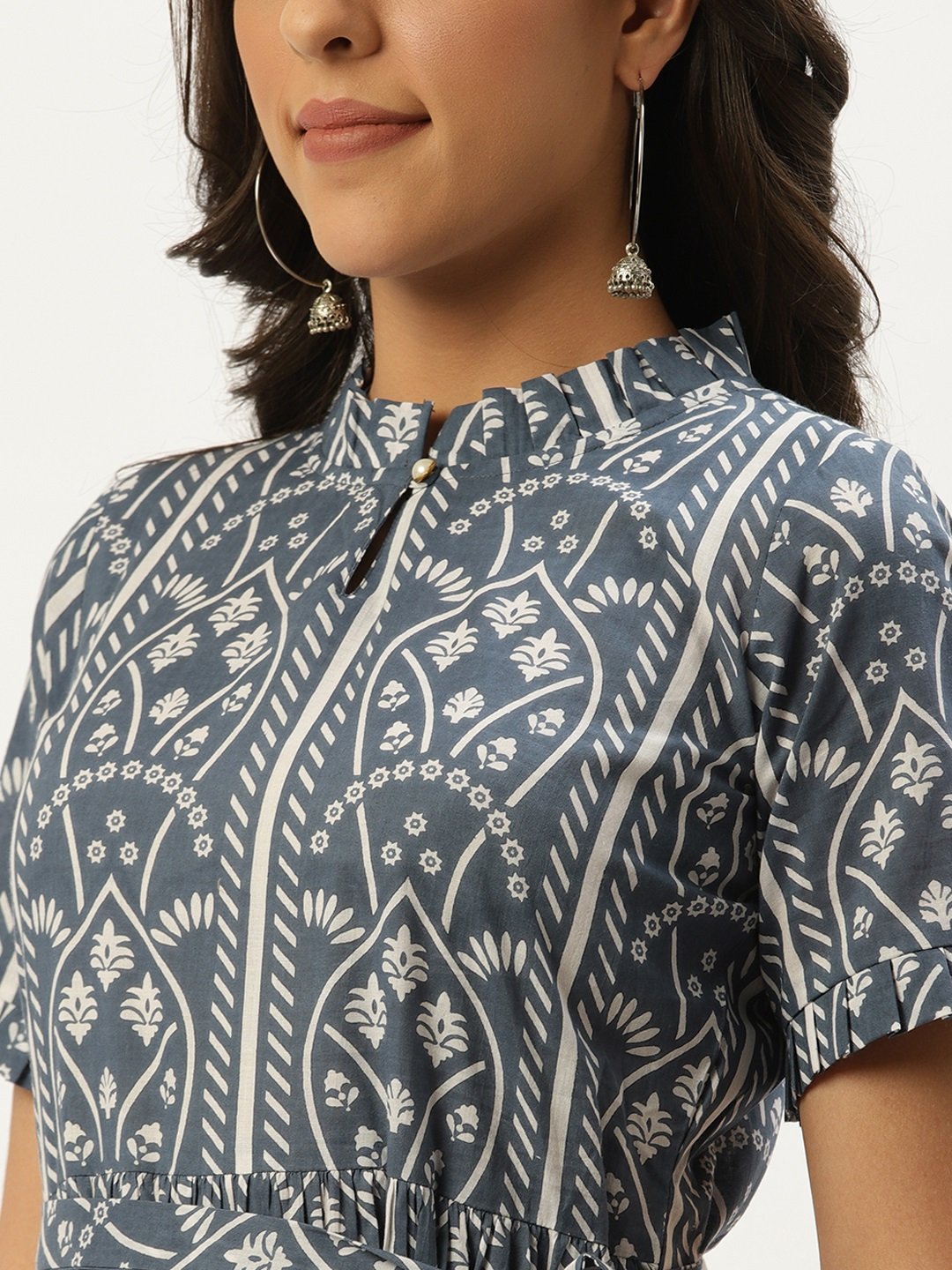 Women Blue Ethnic Motifs Printed High-neck Cotton A-Line Dress | NOZ2TOZ - Made In INDIA.