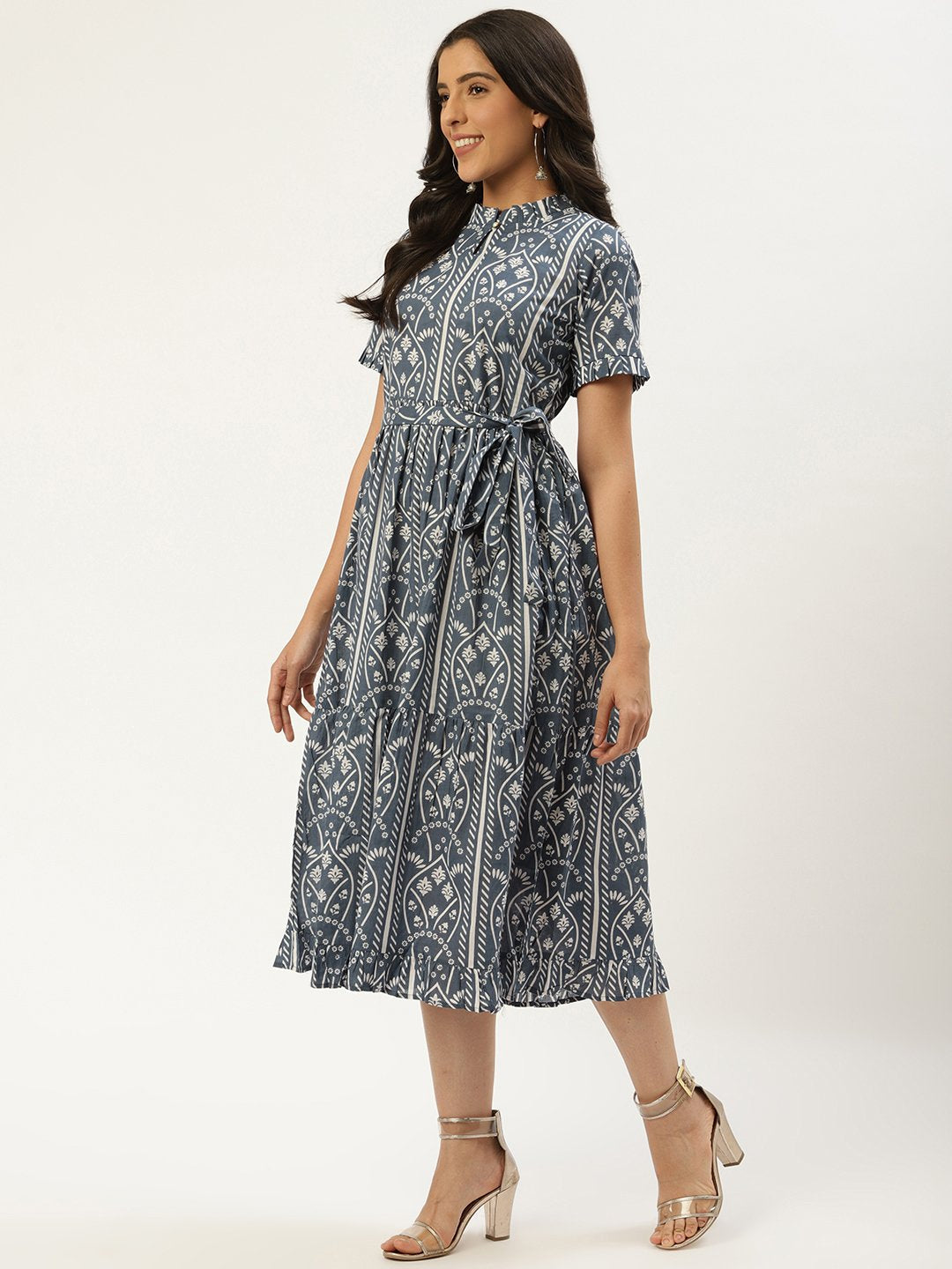 Women Blue Ethnic Motifs Printed High-neck Cotton A-Line Dress | NOZ2TOZ - Made In INDIA.