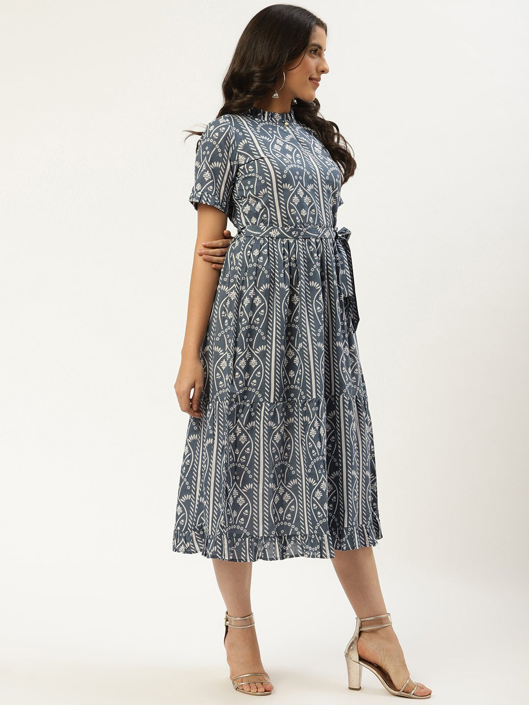 Women Blue Ethnic Motifs Printed High-neck Cotton A-Line Dress | NOZ2TOZ - Made In INDIA.