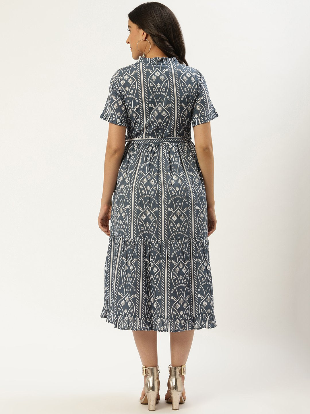 Women Blue Ethnic Motifs Printed High-neck Cotton A-Line Dress | NOZ2TOZ - Made In INDIA.