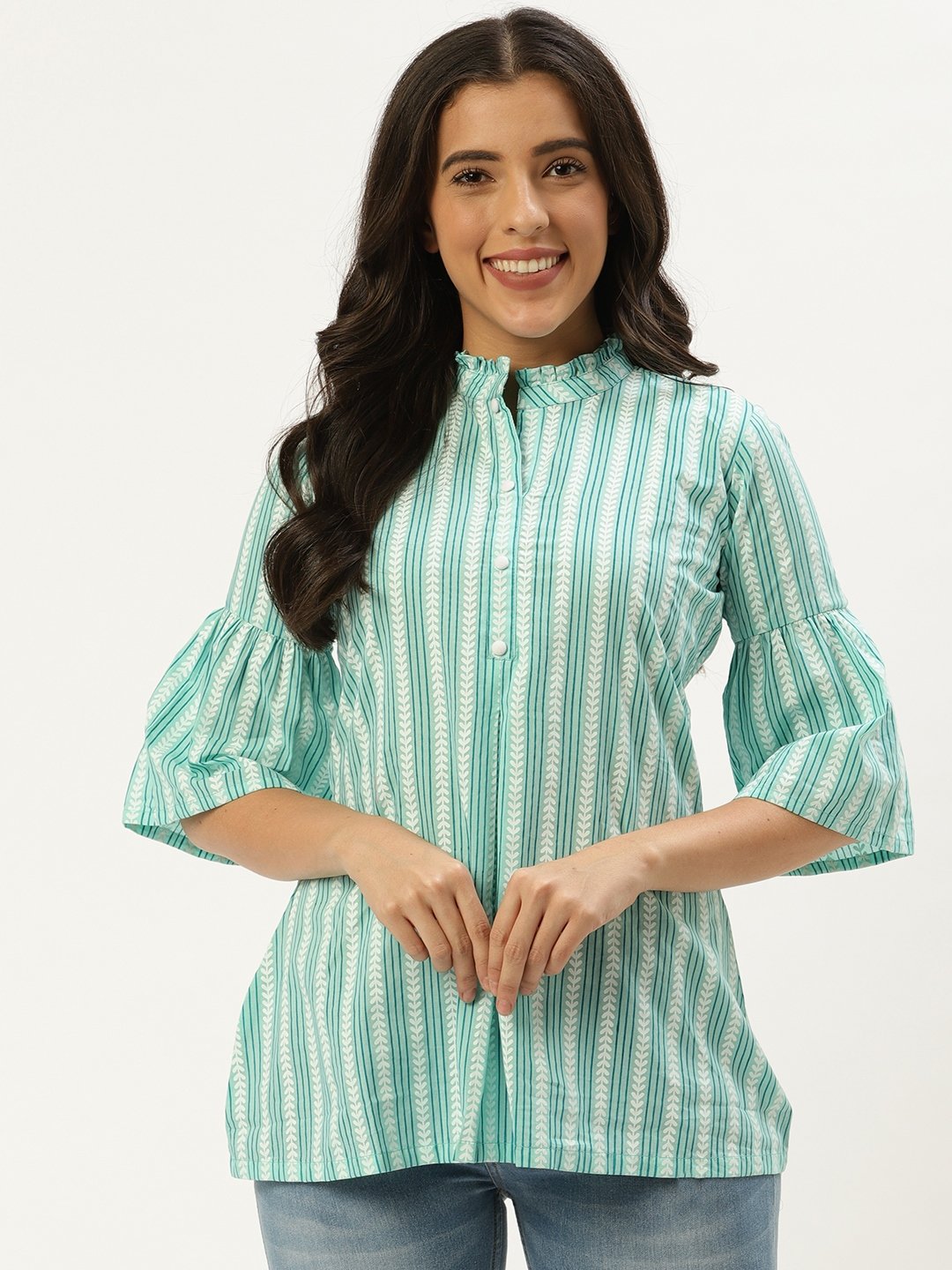 Women Aqua Green Three-Quarter Sleeves Gathered or Pleated Top | NOZ2TOZ - Made In INDIA.