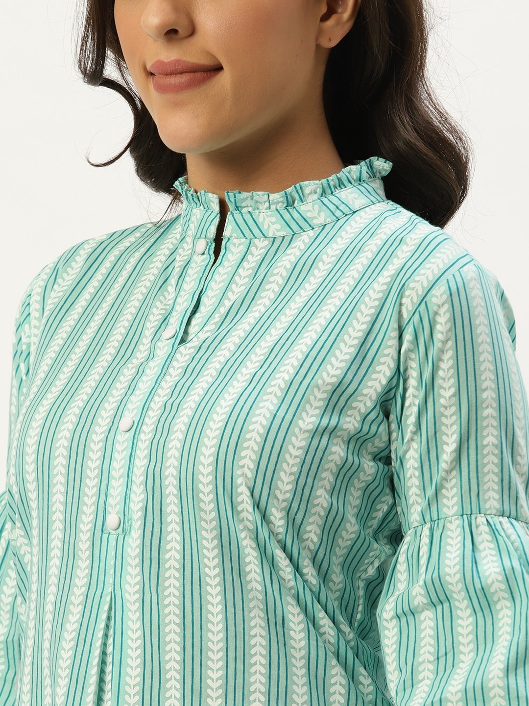 Women Aqua Green Three-Quarter Sleeves Gathered or Pleated Top | NOZ2TOZ - Made In INDIA.