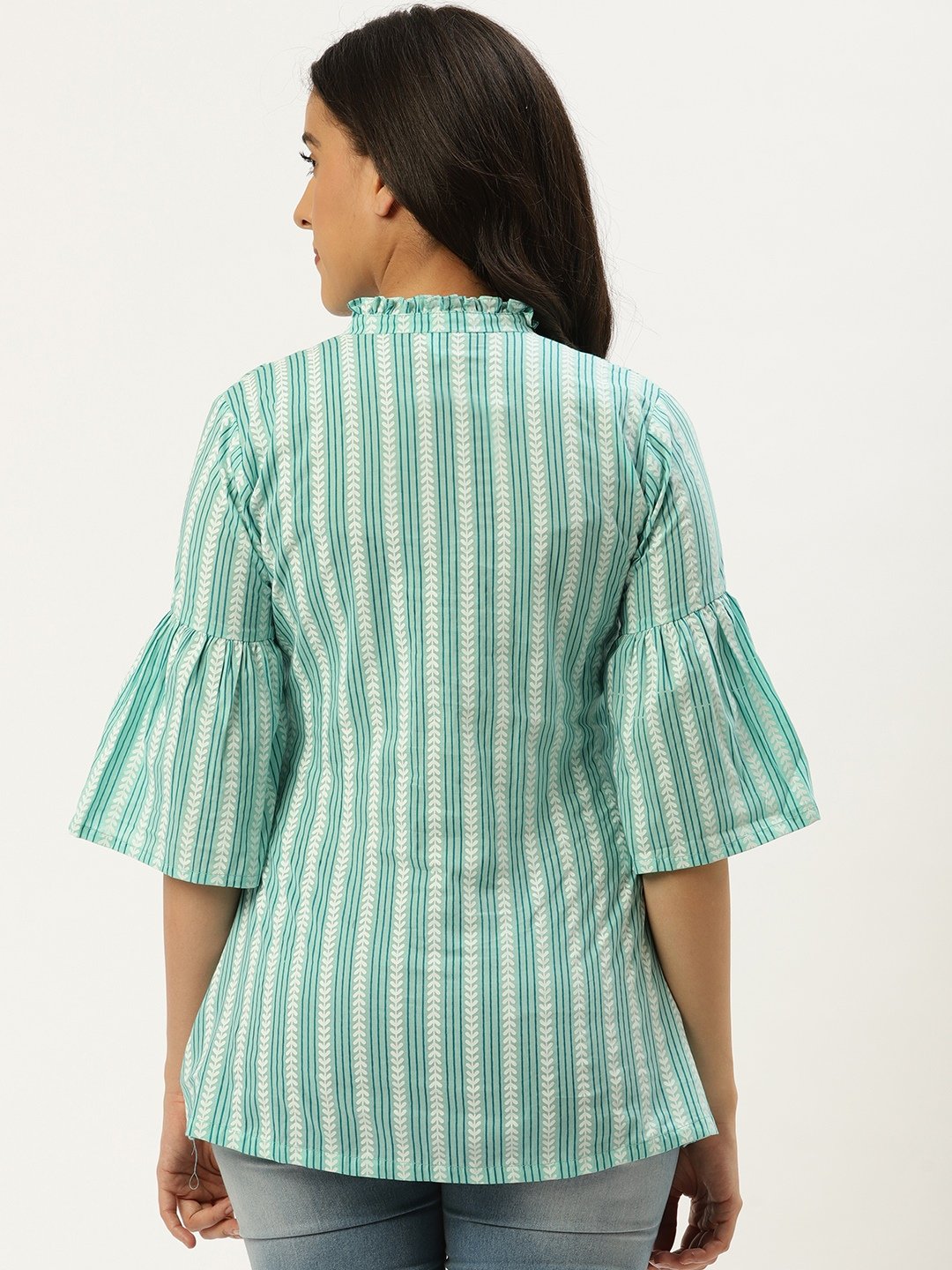 Women Aqua Green Three-Quarter Sleeves Gathered or Pleated Top | NOZ2TOZ - Made In INDIA.