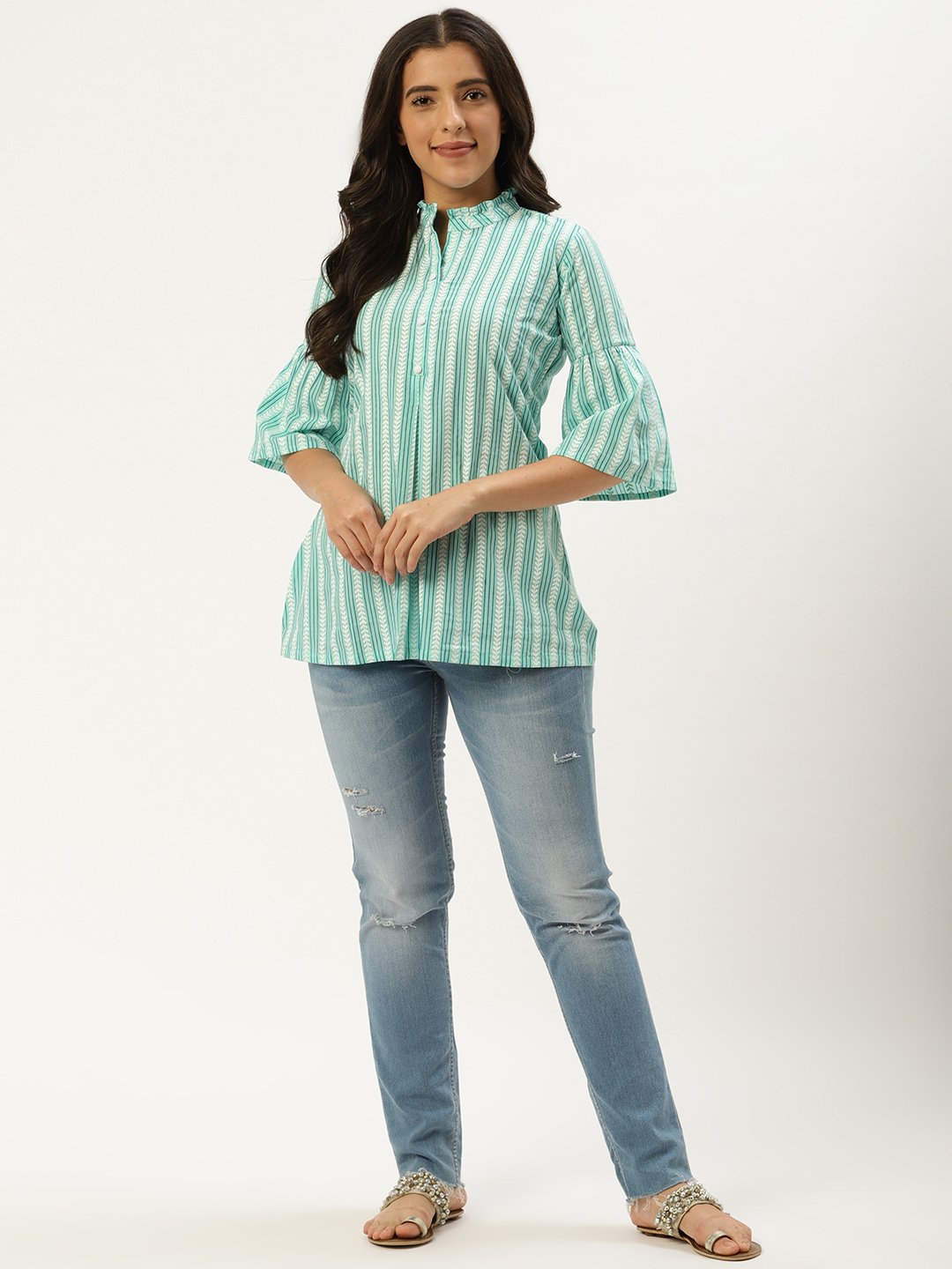 Women Aqua Green Three-Quarter Sleeves Gathered or Pleated Top | NOZ2TOZ - Made In INDIA.