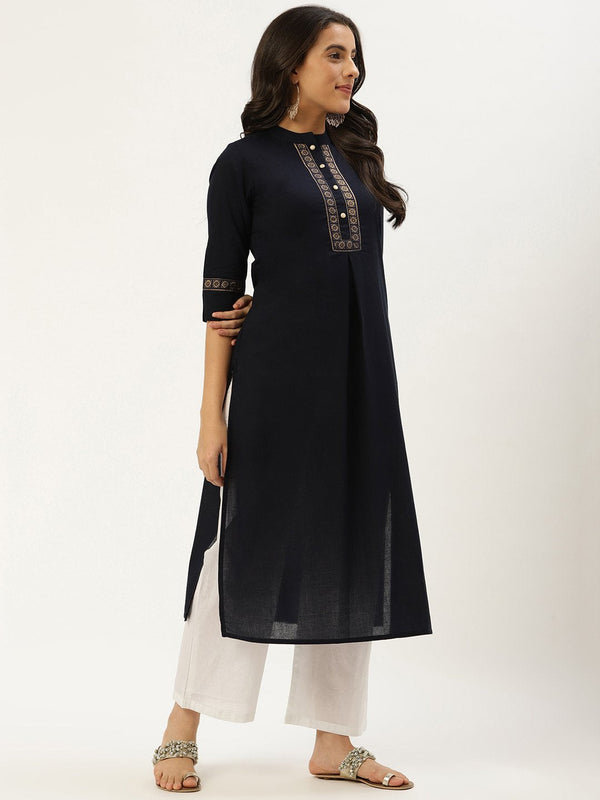 Women Navy Blue Calf Length Three-Quarter Sleeves Straight Solid Cotton Kurta | NOZ2TOZ - Made In INDIA.