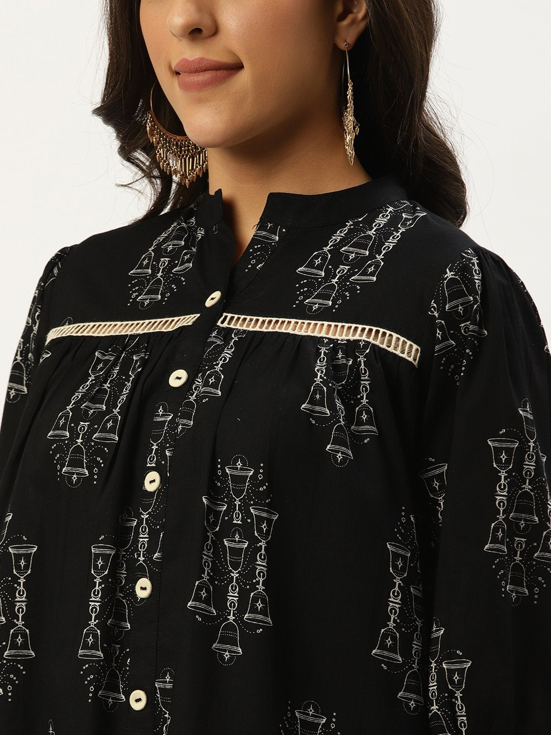 Women Black Three-Quarter Sleeves Gathered or Pleated Top | NOZ2TOZ - Made In INDIA.