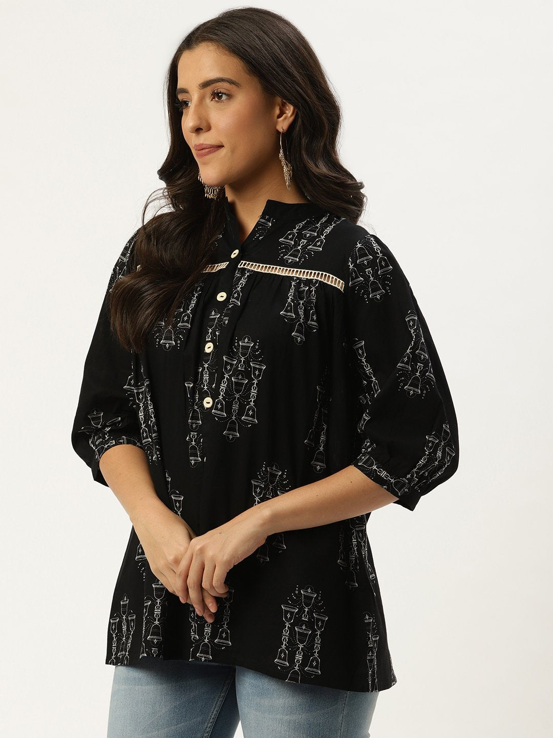 Women Black Three-Quarter Sleeves Gathered or Pleated Top | NOZ2TOZ - Made In INDIA.