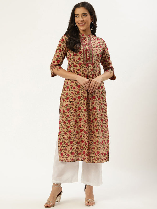 Women Beige Calf Length Three-Quarter Sleeves Straight Floral Cotton Kurta | NOZ2TOZ - Made In INDIA.