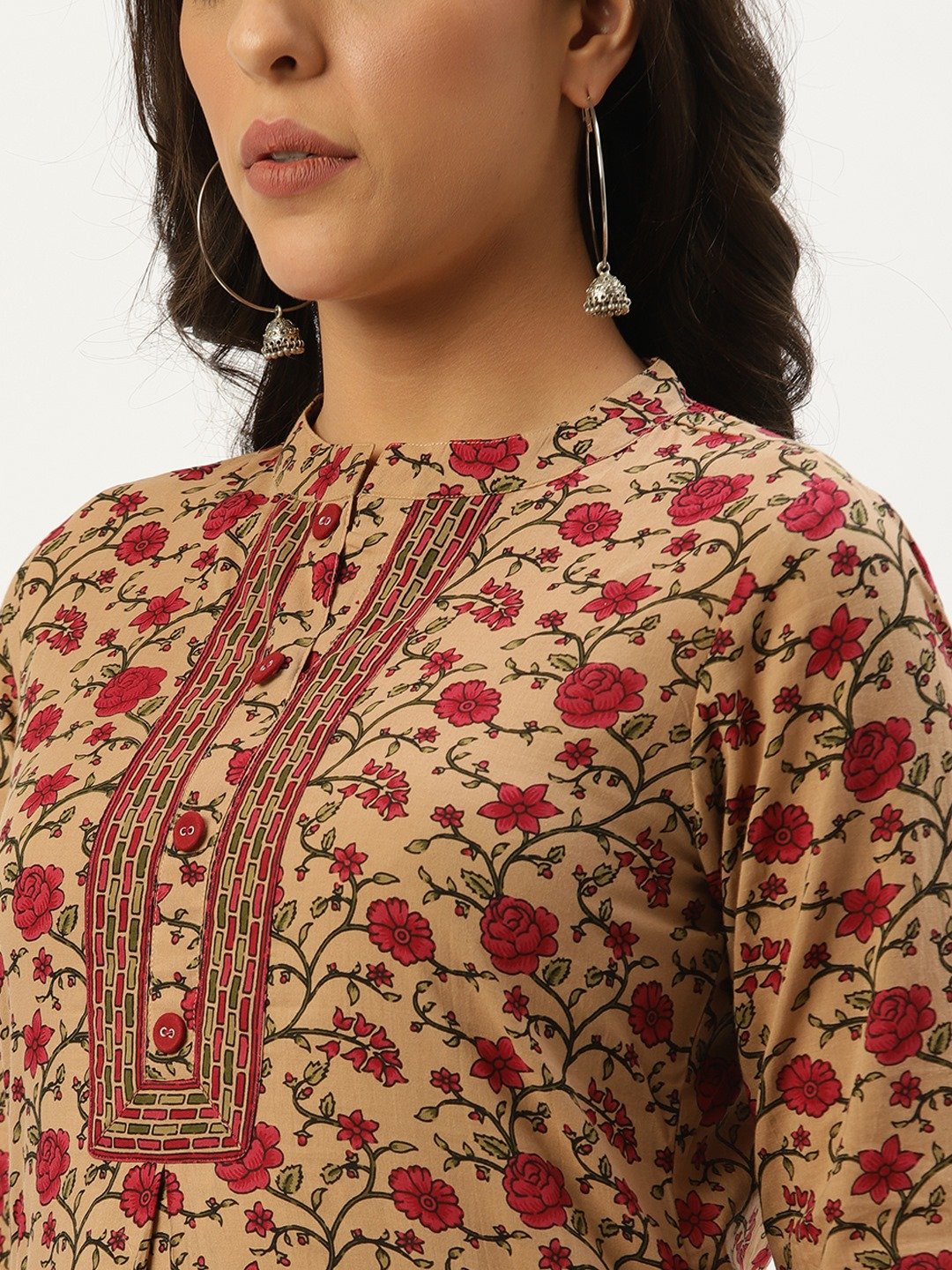 Women Beige Calf Length Three-Quarter Sleeves Straight Floral Cotton Kurta | NOZ2TOZ - Made In INDIA.