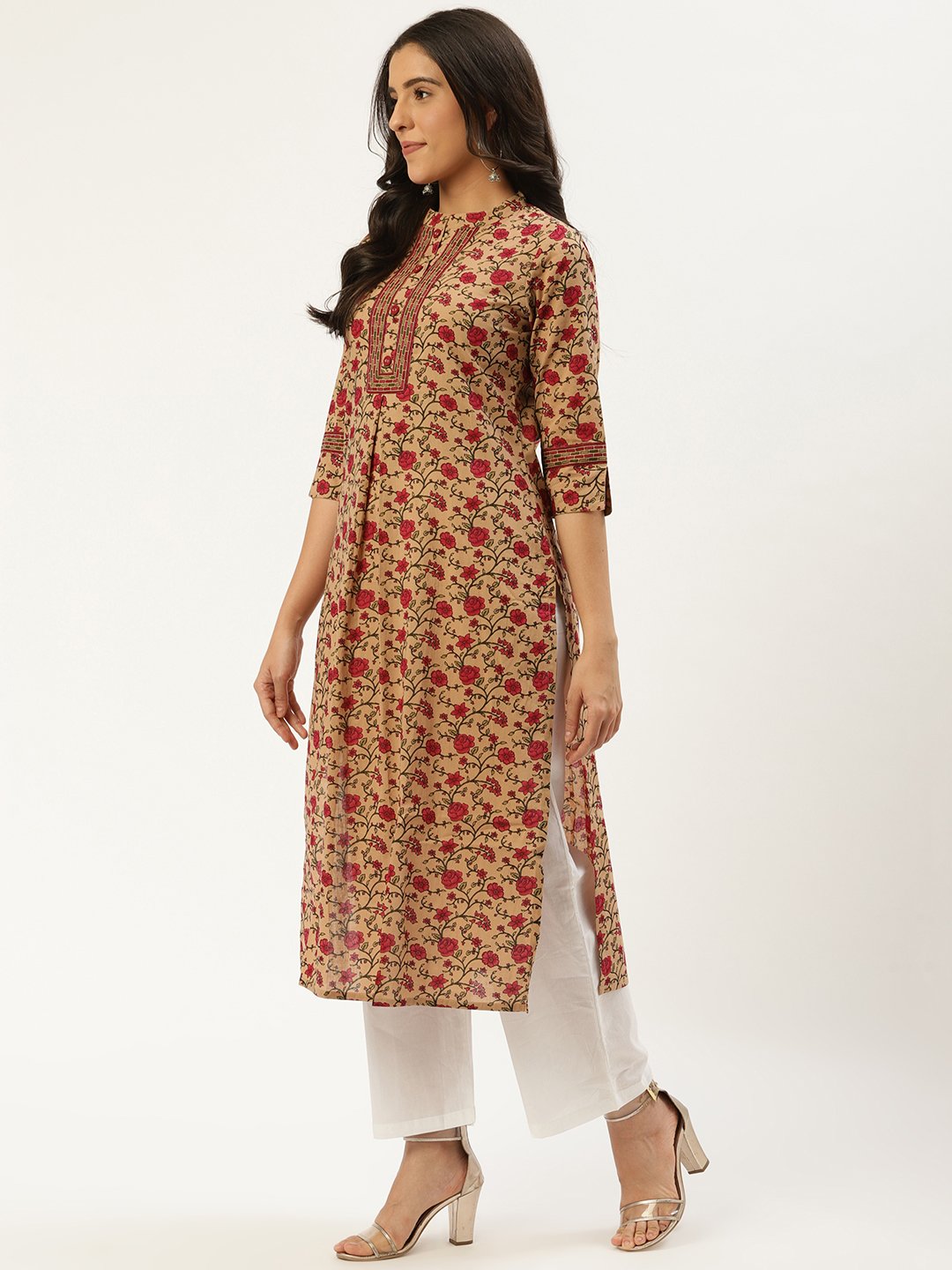 Women Beige Calf Length Three-Quarter Sleeves Straight Floral Cotton Kurta | NOZ2TOZ - Made In INDIA.