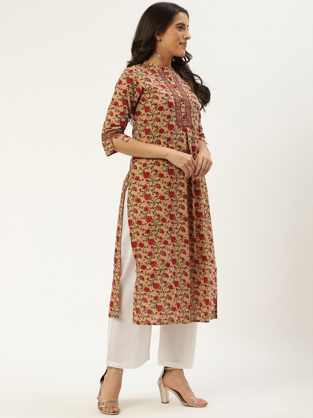 Women Beige Calf Length Three-Quarter Sleeves Straight Floral Cotton Kurta | NOZ2TOZ - Made In INDIA.