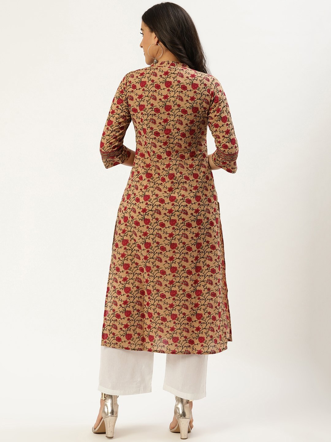 Women Beige Calf Length Three-Quarter Sleeves Straight Floral Cotton Kurta | NOZ2TOZ - Made In INDIA.