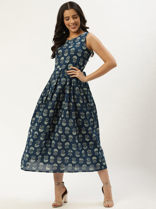 Women Indigo Blue Floral Printed V-Neck Cotton A-Line Dress | NOZ2TOZ - Made In INDIA.