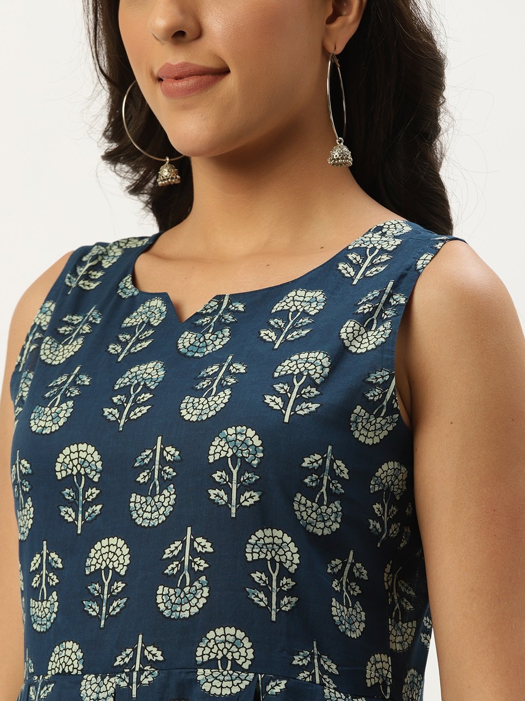 Women Indigo Blue Floral Printed V-Neck Cotton A-Line Dress | NOZ2TOZ - Made In INDIA.