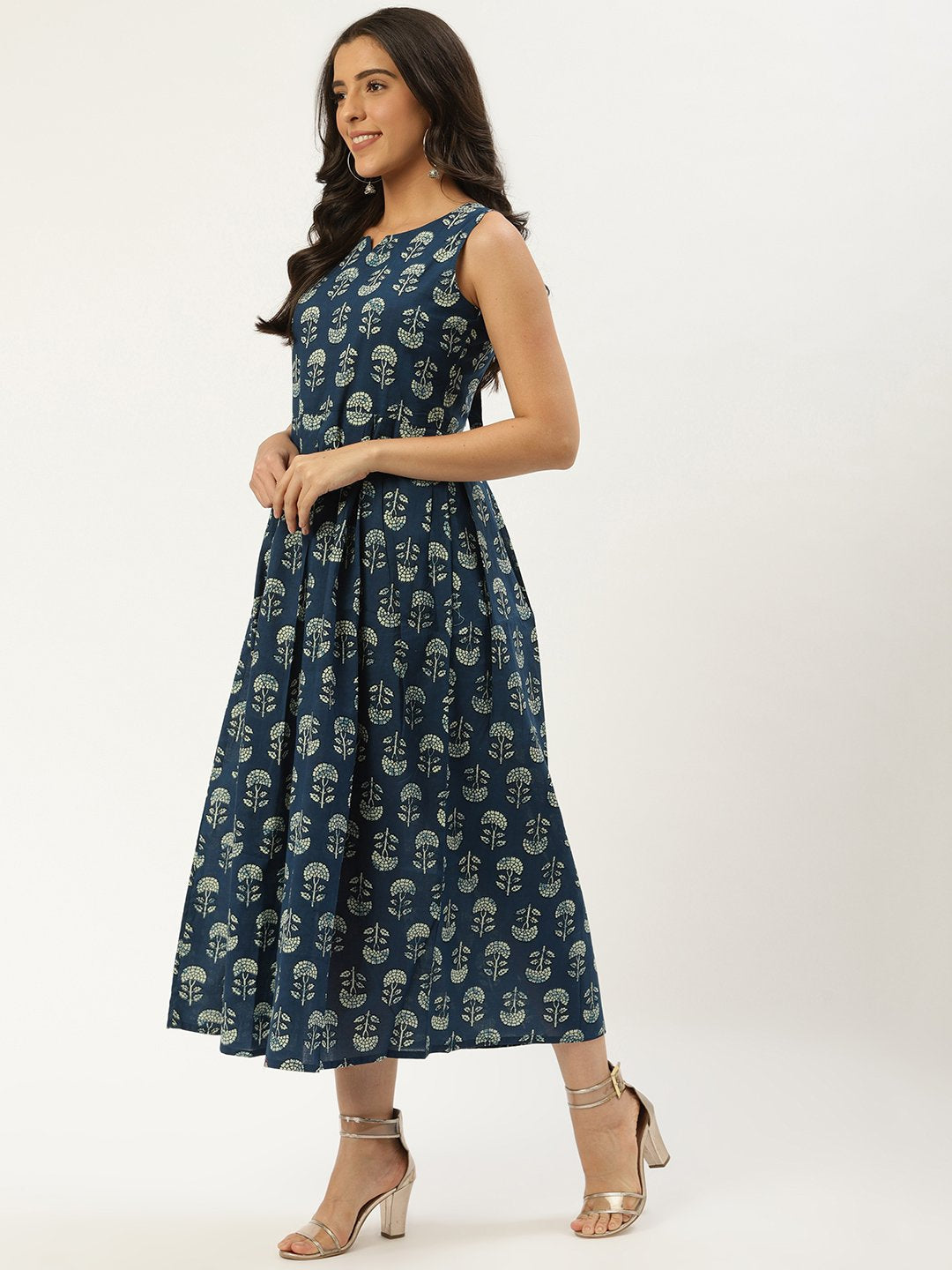 Women Indigo Blue Floral Printed V-Neck Cotton A-Line Dress | NOZ2TOZ - Made In INDIA.