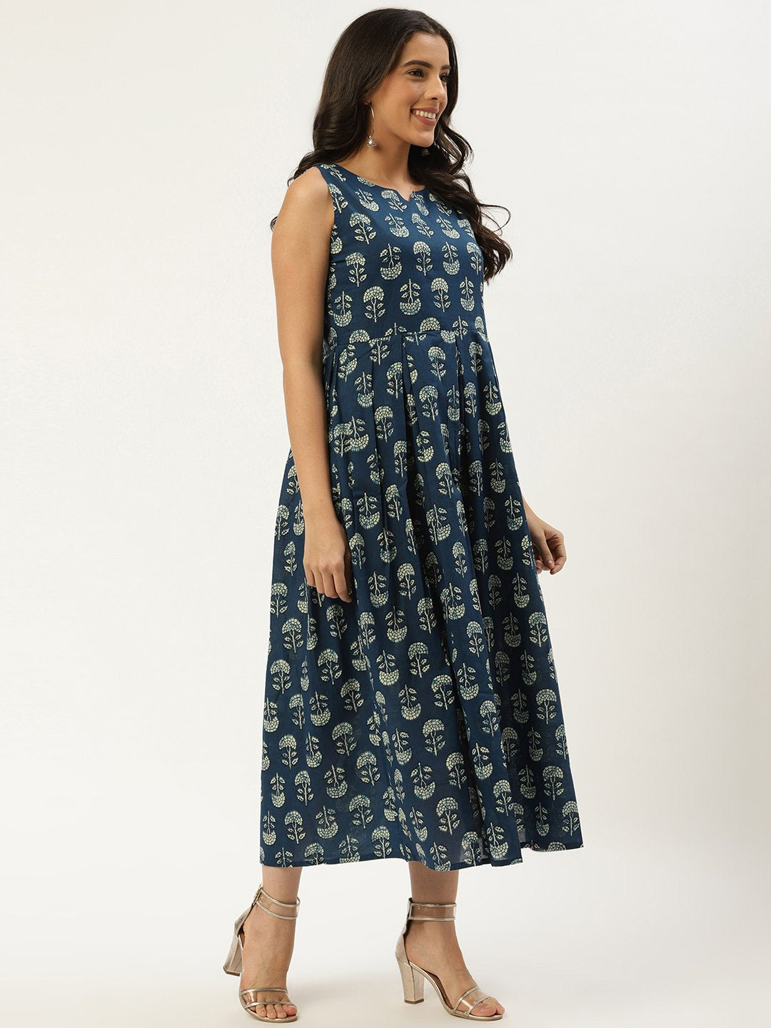 Women Indigo Blue Floral Printed V-Neck Cotton A-Line Dress | NOZ2TOZ - Made In INDIA.