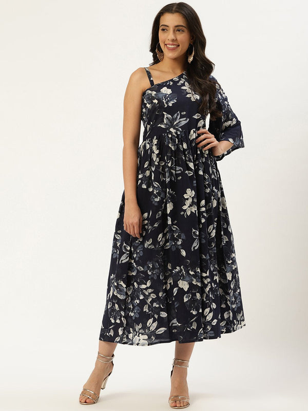 Women Indigo Blue Floral Printed One Shoulder Cotton A-Line Dress | NOZ2TOZ - Made In INDIA.