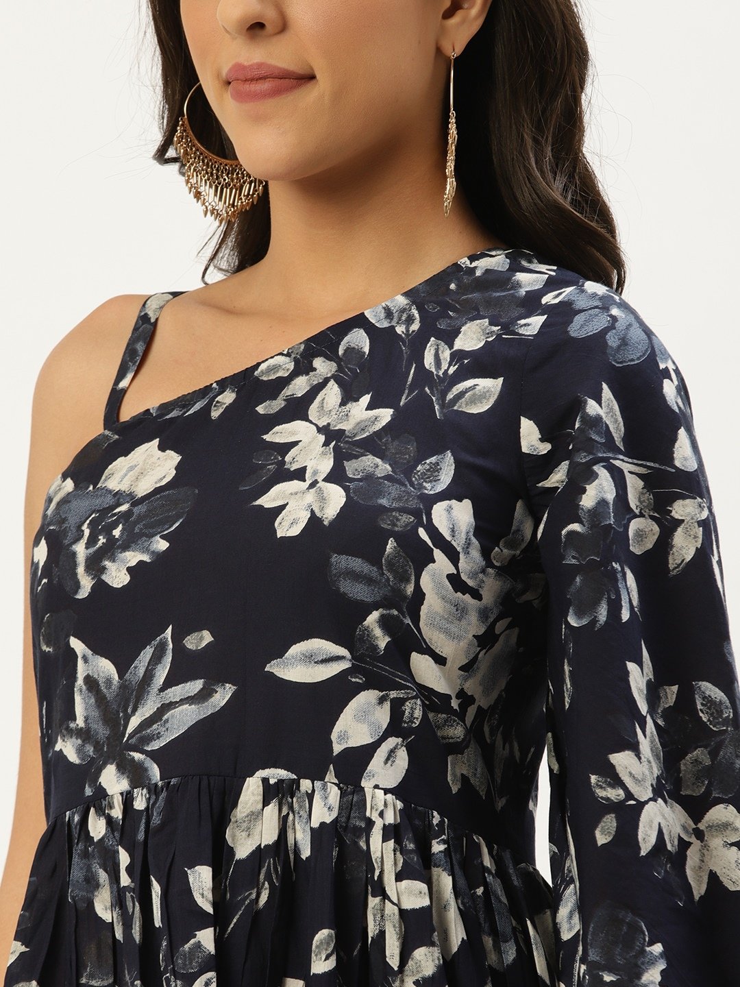 Women Indigo Blue Floral Printed One Shoulder Cotton A-Line Dress | NOZ2TOZ - Made In INDIA.