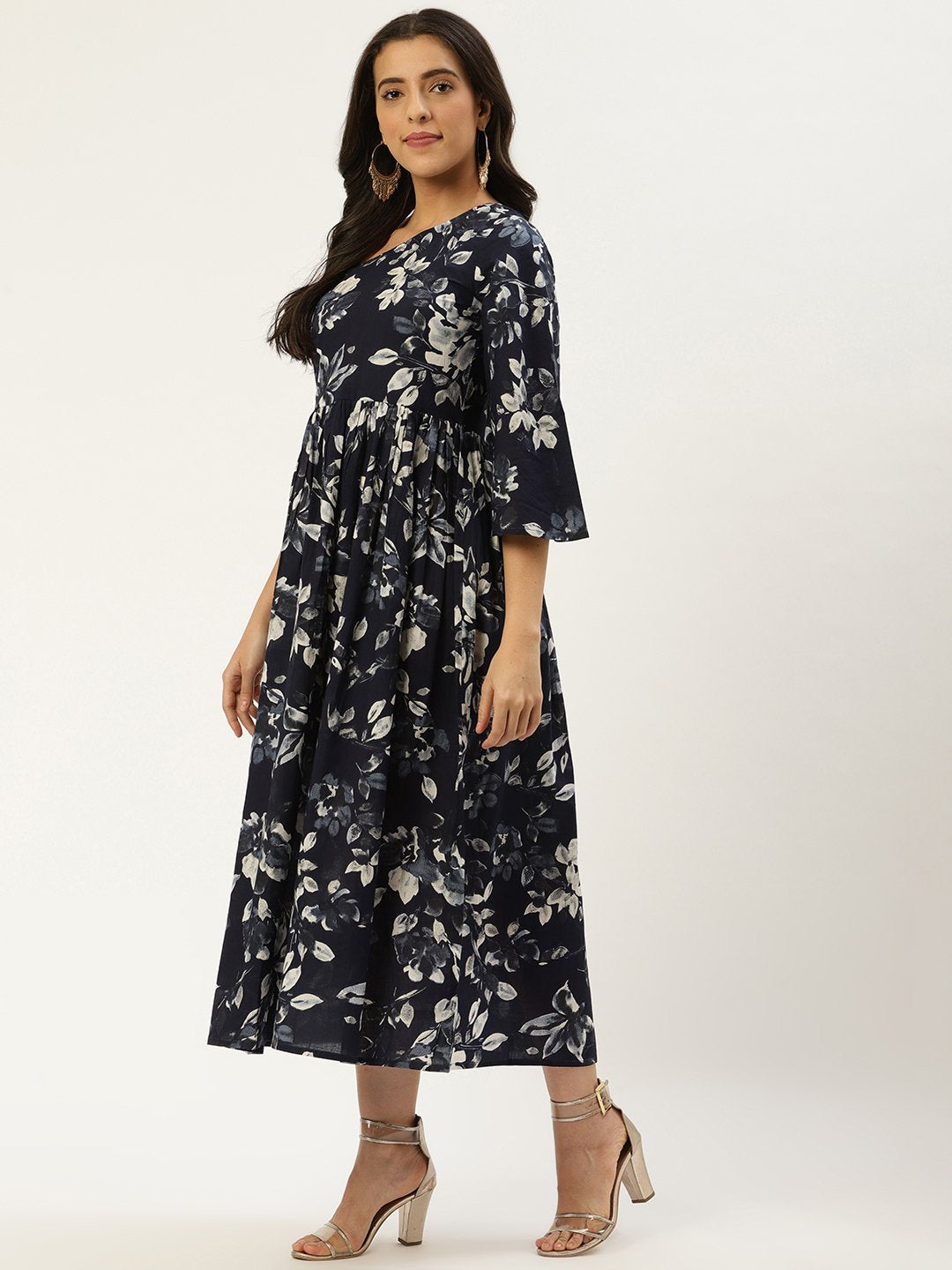 Women Indigo Blue Floral Printed One Shoulder Cotton A-Line Dress | NOZ2TOZ - Made In INDIA.