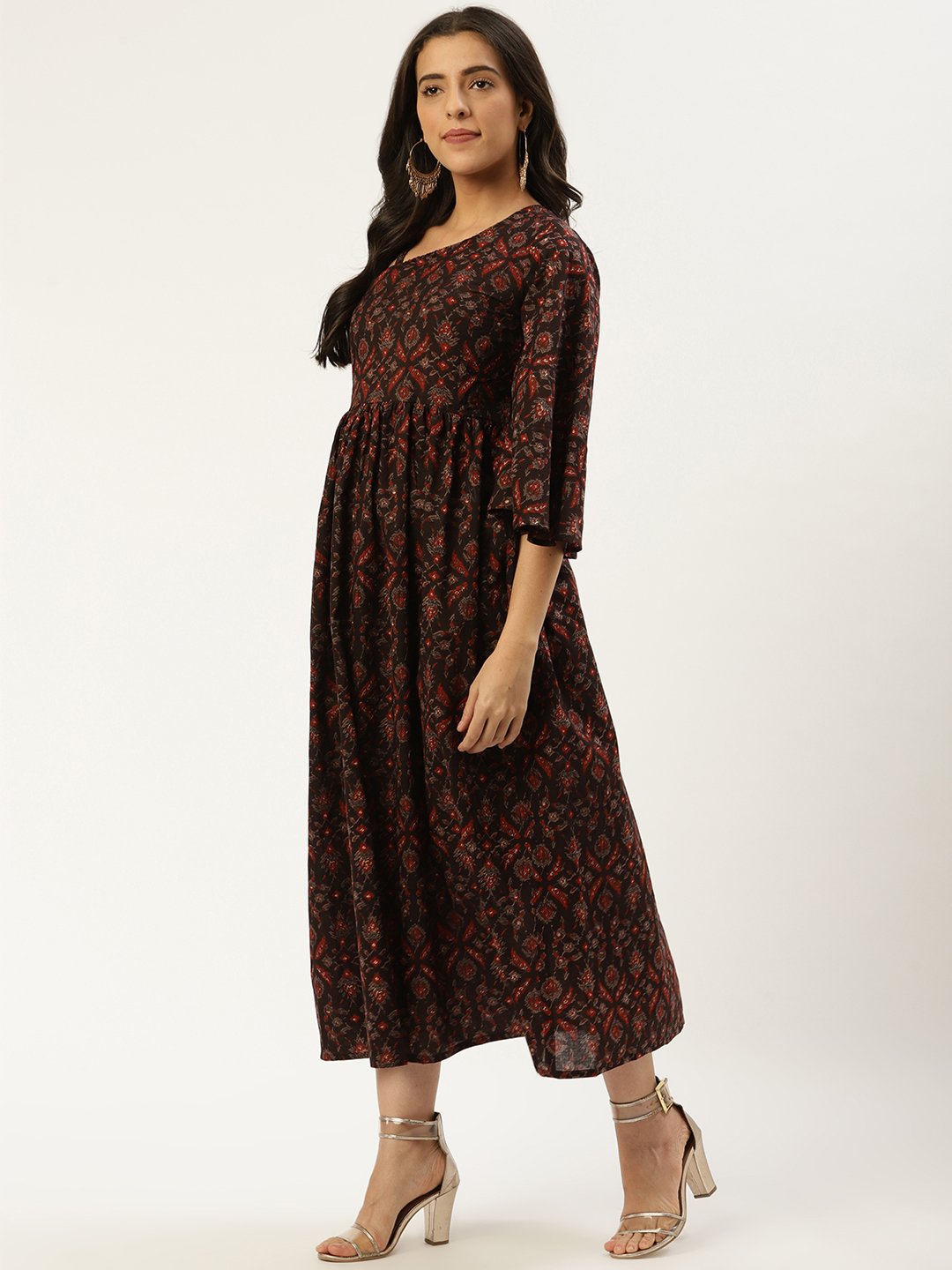 Women Black Ethnic Motifs Printed One Shoulder Cotton A-Line Dress | NOZ2TOZ - Made In INDIA.