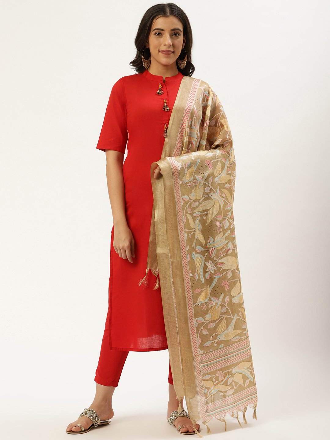 Women Red Three-Quarter Sleeves Straight Kurta and Trouser Pant set | NOZ2TOZ - Made In INDIA.