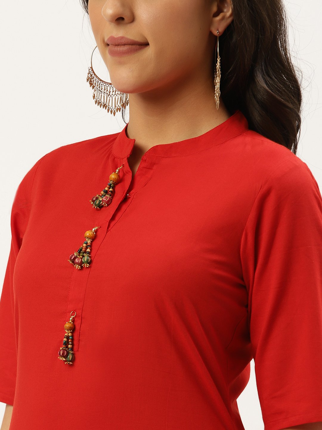 Women Red Three-Quarter Sleeves Straight Kurta and Trouser Pant set | NOZ2TOZ - Made In INDIA.