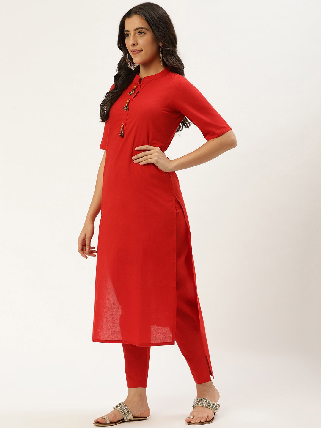 Women Red Three-Quarter Sleeves Straight Kurta and Trouser Pant set | NOZ2TOZ - Made In INDIA.