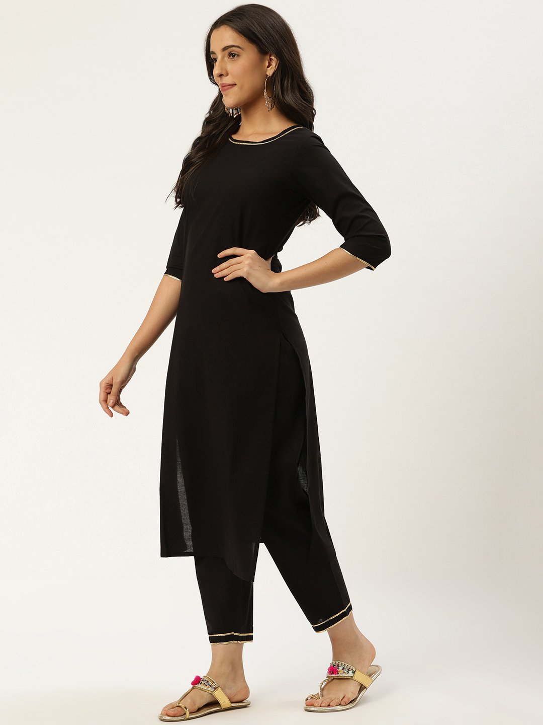 Women Black Three-Quarter Sleeves Straight Kurta and Trouser Pant set | NOZ2TOZ - Made In INDIA.