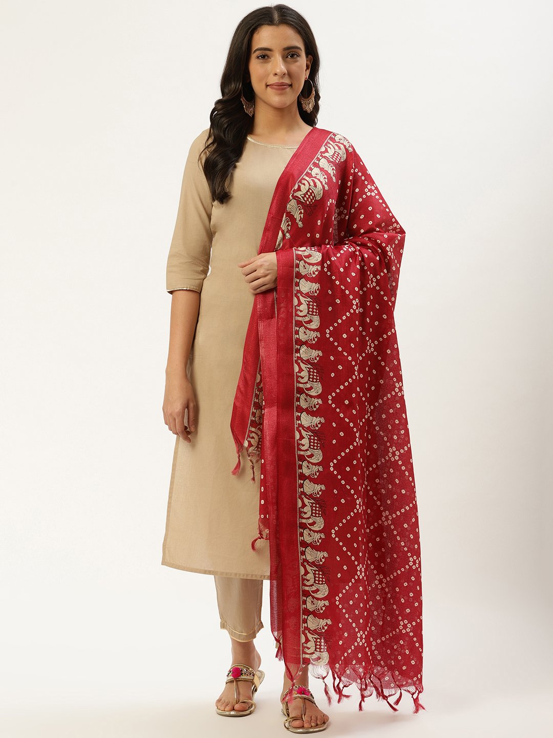 Women Beige Three-Quarter Sleeves Straight Kurta and Trouser Pant set | NOZ2TOZ - Made In INDIA.