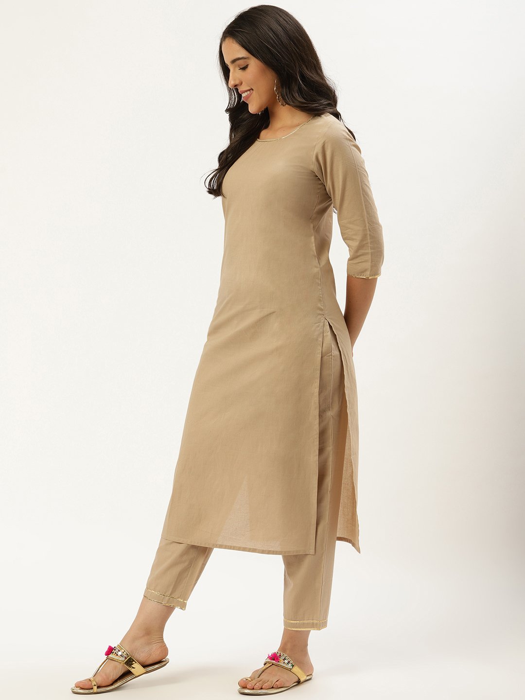 Women Beige Three-Quarter Sleeves Straight Kurta and Trouser Pant set | NOZ2TOZ - Made In INDIA.