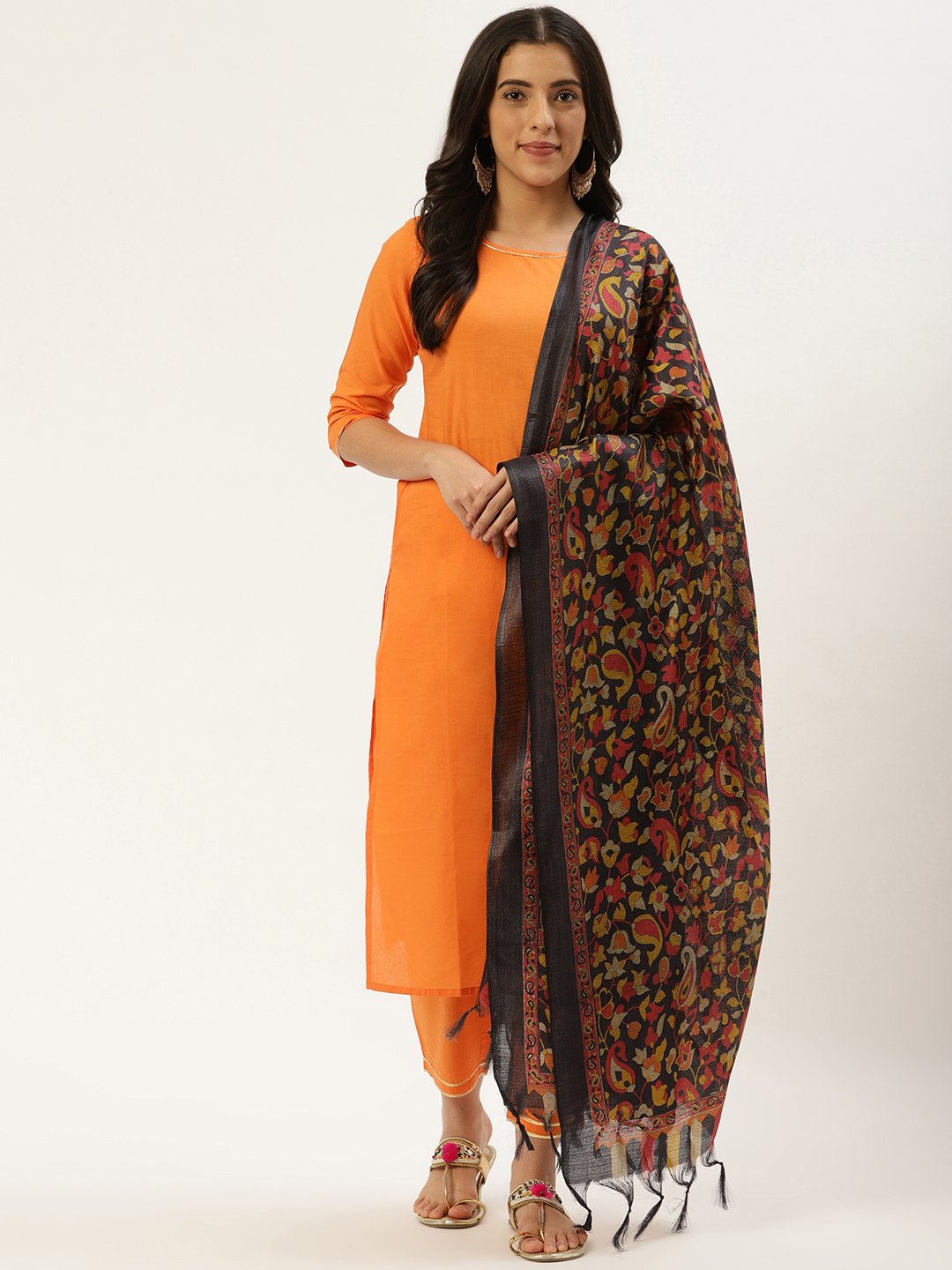 Women Rust Orange Three-Quarter Sleeves Straight Kurta and Trouser Pant set | NOZ2TOZ - Made In INDIA.