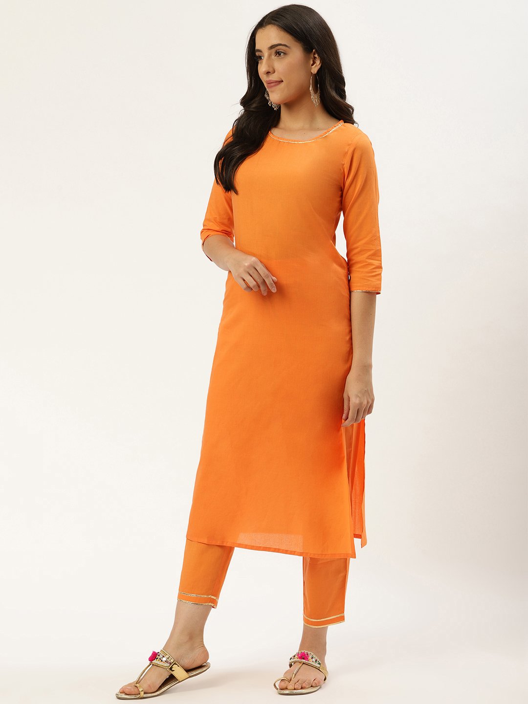 Women Rust Orange Three-Quarter Sleeves Straight Kurta and Trouser Pant set | NOZ2TOZ - Made In INDIA.