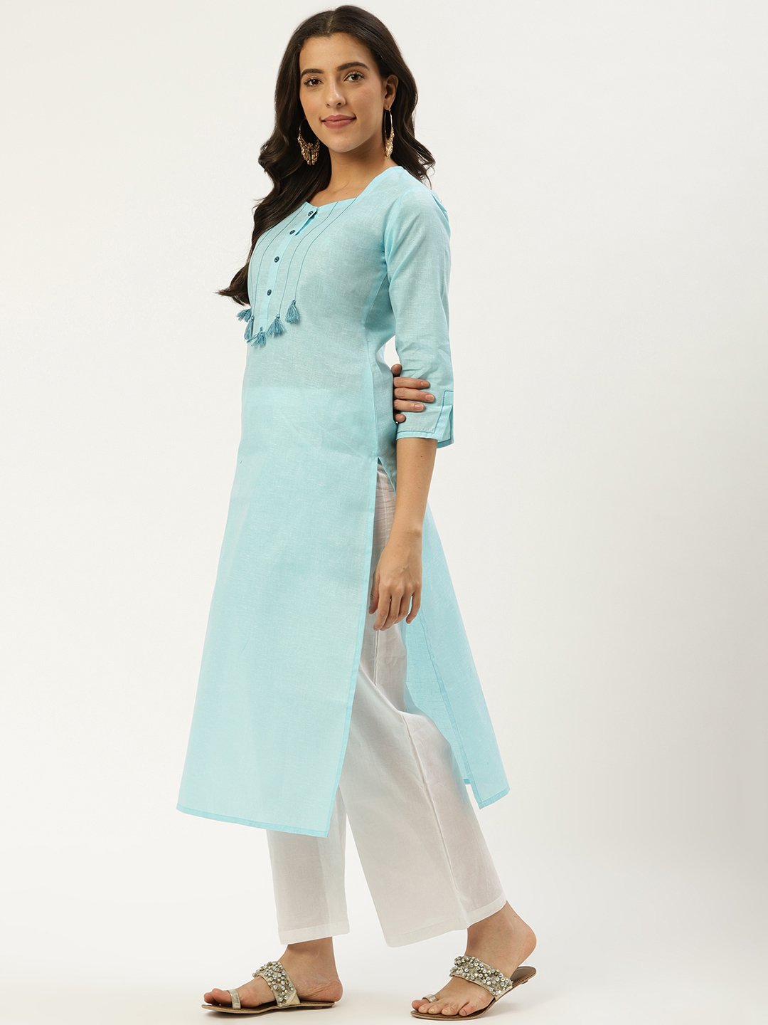 Women Light Blue Calf Length Three-Quarter Sleeves Straight Solid Cotton Kurta | NOZ2TOZ - Made In INDIA.