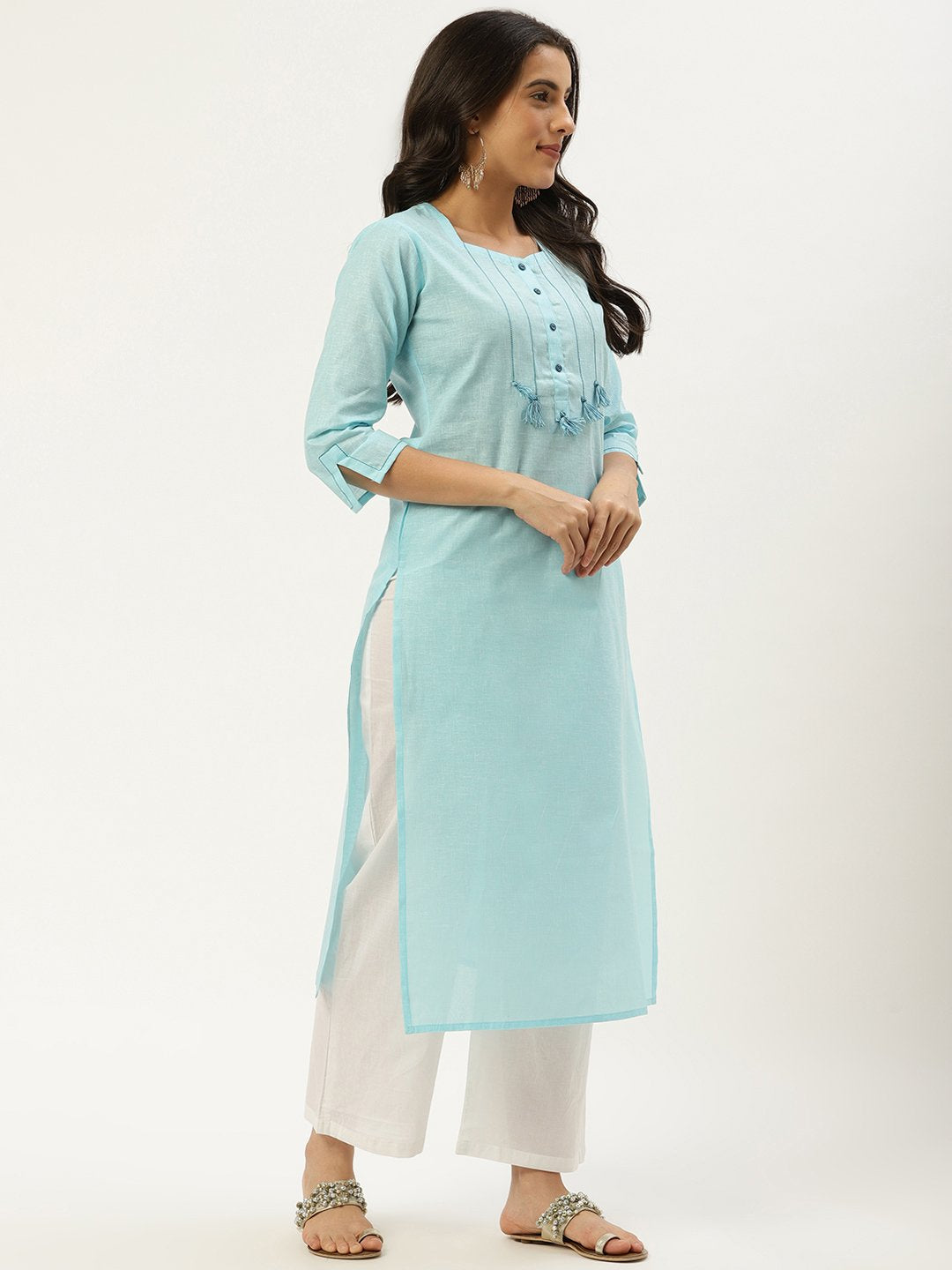 Women Light Blue Calf Length Three-Quarter Sleeves Straight Solid Cotton Kurta | NOZ2TOZ - Made In INDIA.