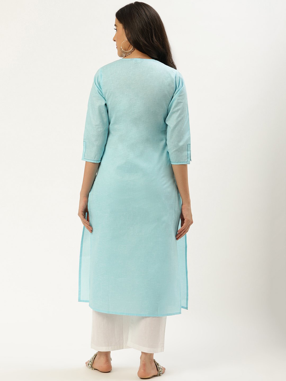 Women Light Blue Calf Length Three-Quarter Sleeves Straight Solid Cotton Kurta | NOZ2TOZ - Made In INDIA.