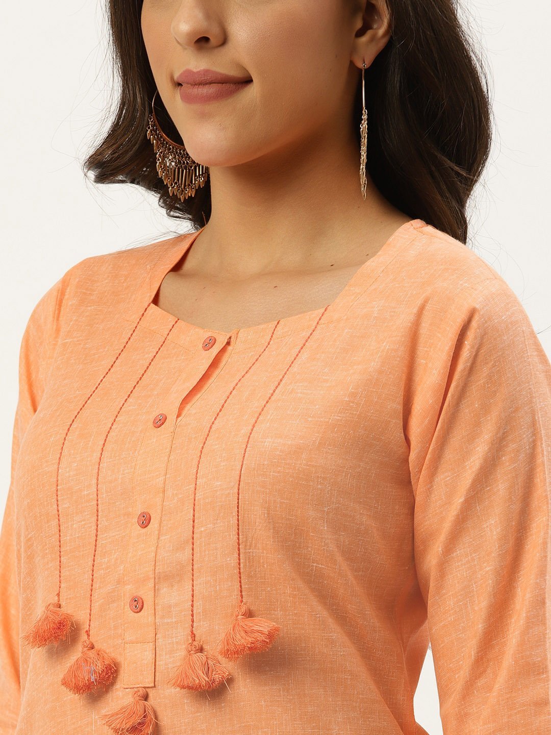 Women Orange Calf Length Three-Quarter Sleeves Straight Solid Cotton Kurta | NOZ2TOZ - Made In INDIA.