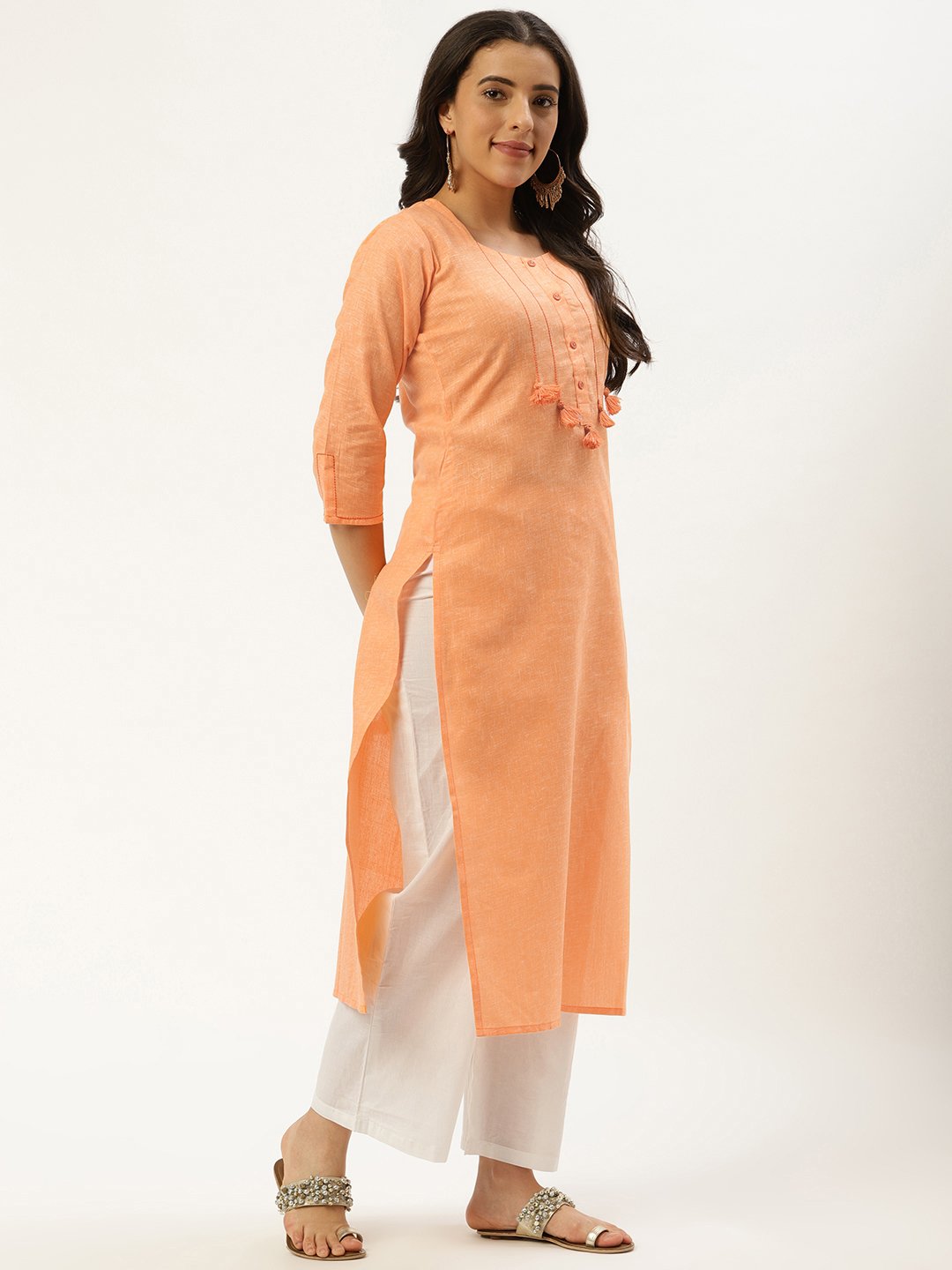 Women Orange Calf Length Three-Quarter Sleeves Straight Solid Cotton Kurta | NOZ2TOZ - Made In INDIA.