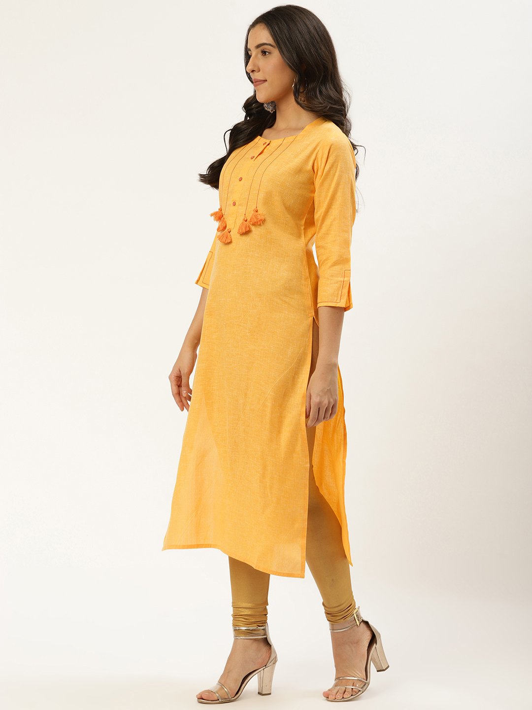 Women Yellow Calf Length Three-Quarter Sleeves Straight Solid Cotton Kurta | NOZ2TOZ - Made In INDIA.