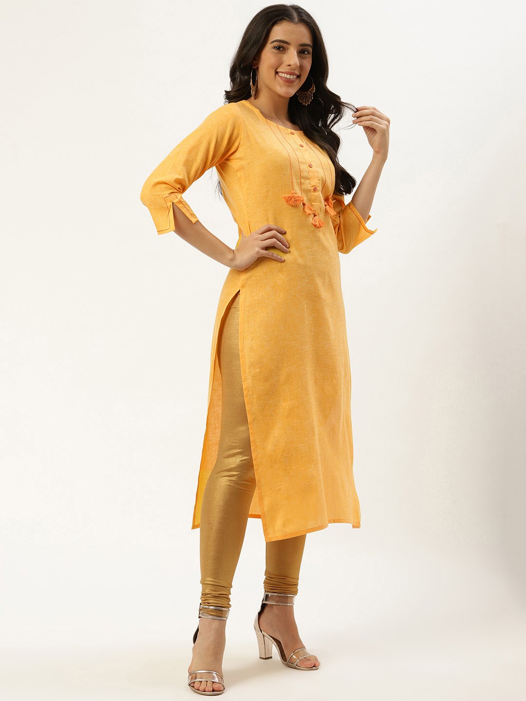 Women Yellow Calf Length Three-Quarter Sleeves Straight Solid Cotton Kurta | NOZ2TOZ - Made In INDIA.