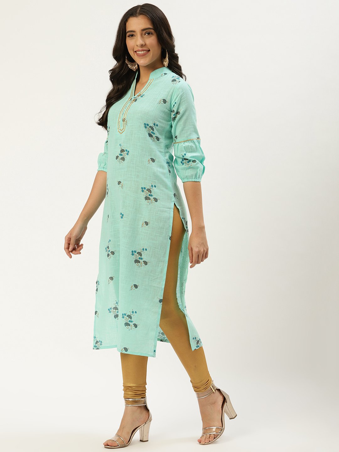 Women Pastel Green Calf Length Three-Quarter Sleeves Straight Floral Cotton Kurta | NOZ2TOZ - Made In INDIA.