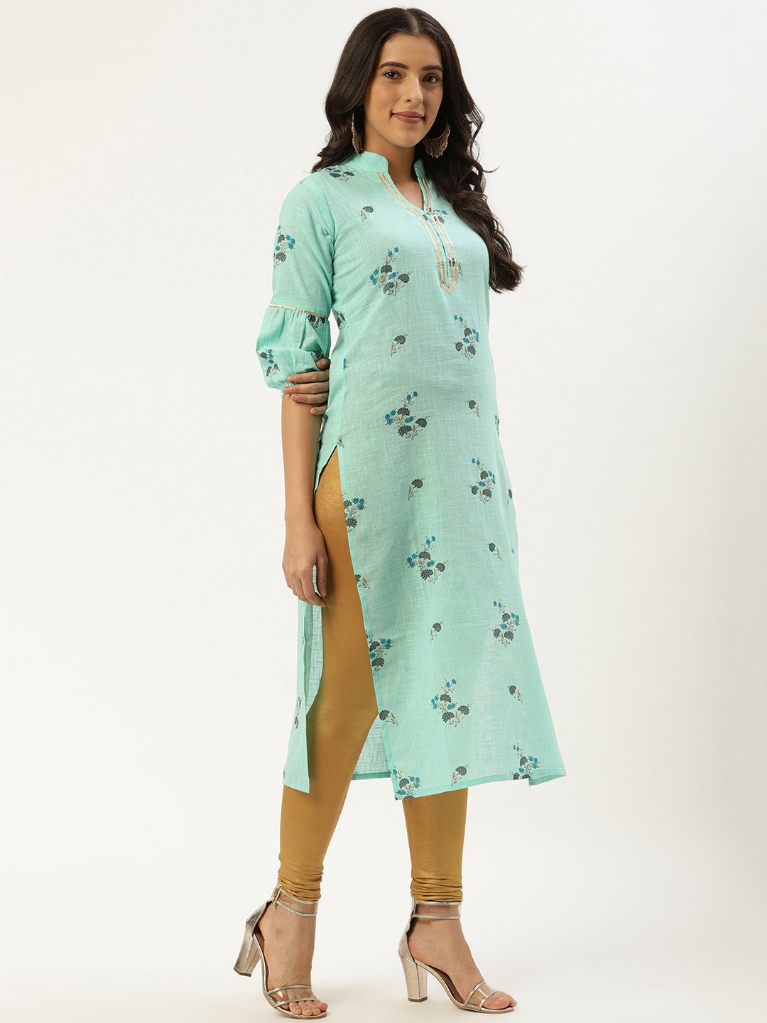 Women Pastel Green Calf Length Three-Quarter Sleeves Straight Floral Cotton Kurta | NOZ2TOZ - Made In INDIA.