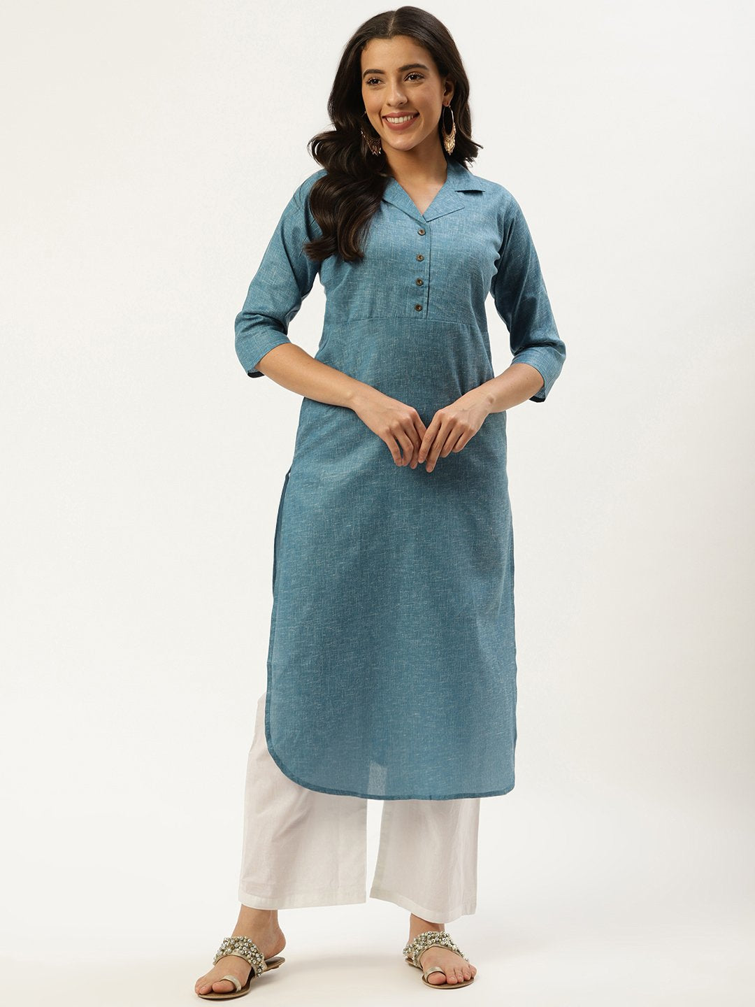 Women Teal Blue Calf Length Three-Quarter Sleeves Straight Lapel neck Solid Cotton Kurta | NOZ2TOZ - Made In INDIA.