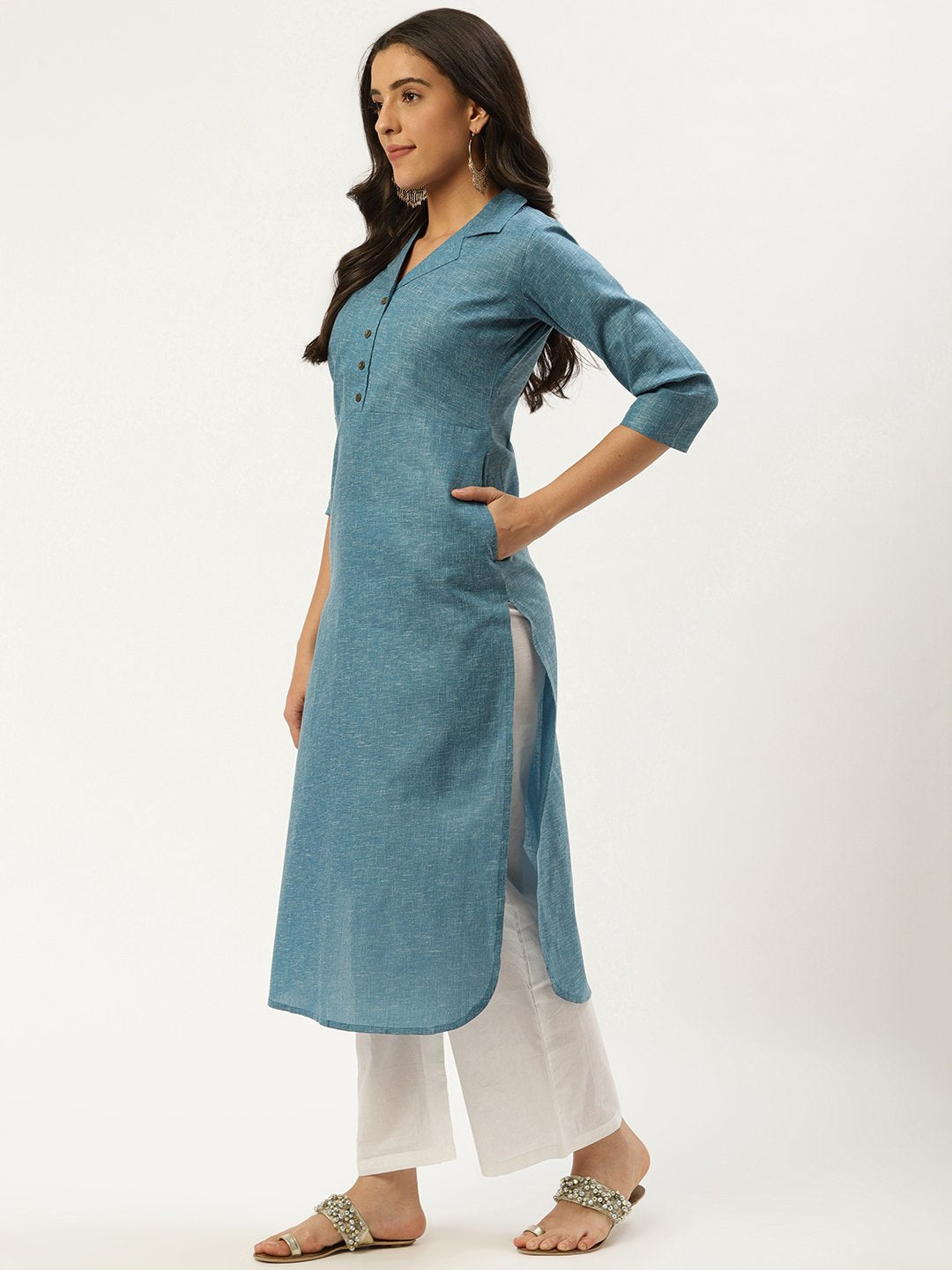 Women Teal Blue Calf Length Three-Quarter Sleeves Straight Lapel neck Solid Cotton Kurta | NOZ2TOZ - Made In INDIA.