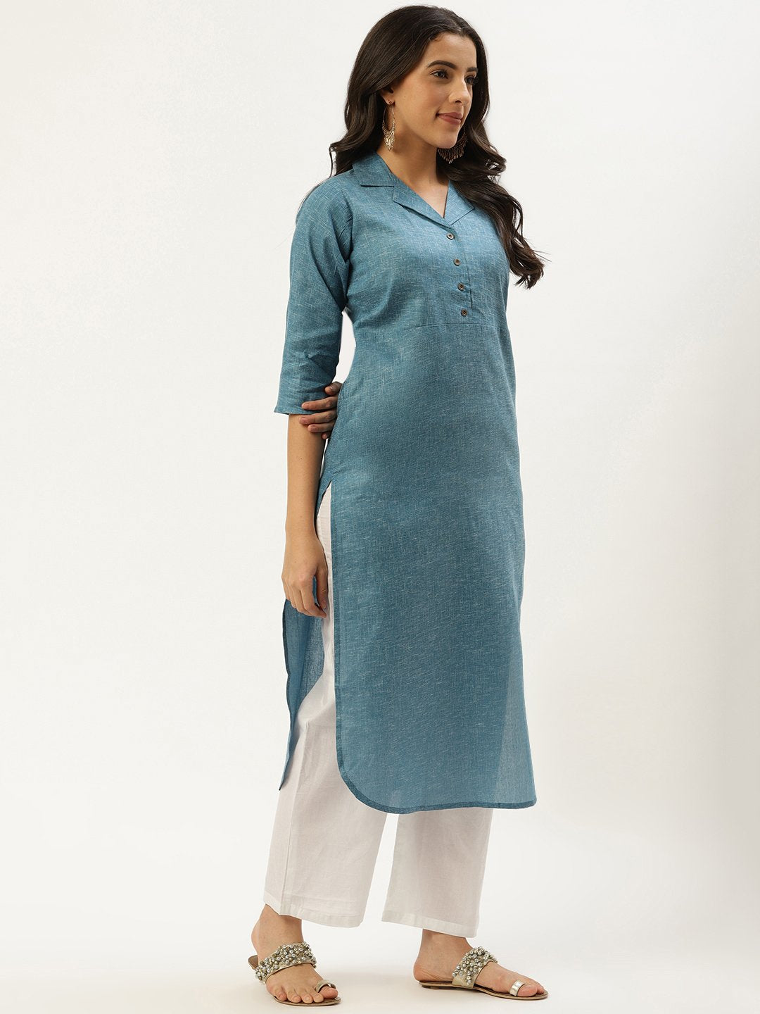 Women Teal Blue Calf Length Three-Quarter Sleeves Straight Lapel neck Solid Cotton Kurta | NOZ2TOZ - Made In INDIA.