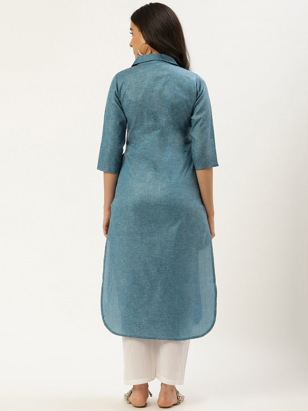 Women Teal Blue Calf Length Three-Quarter Sleeves Straight Lapel neck Solid Cotton Kurta | NOZ2TOZ - Made In INDIA.