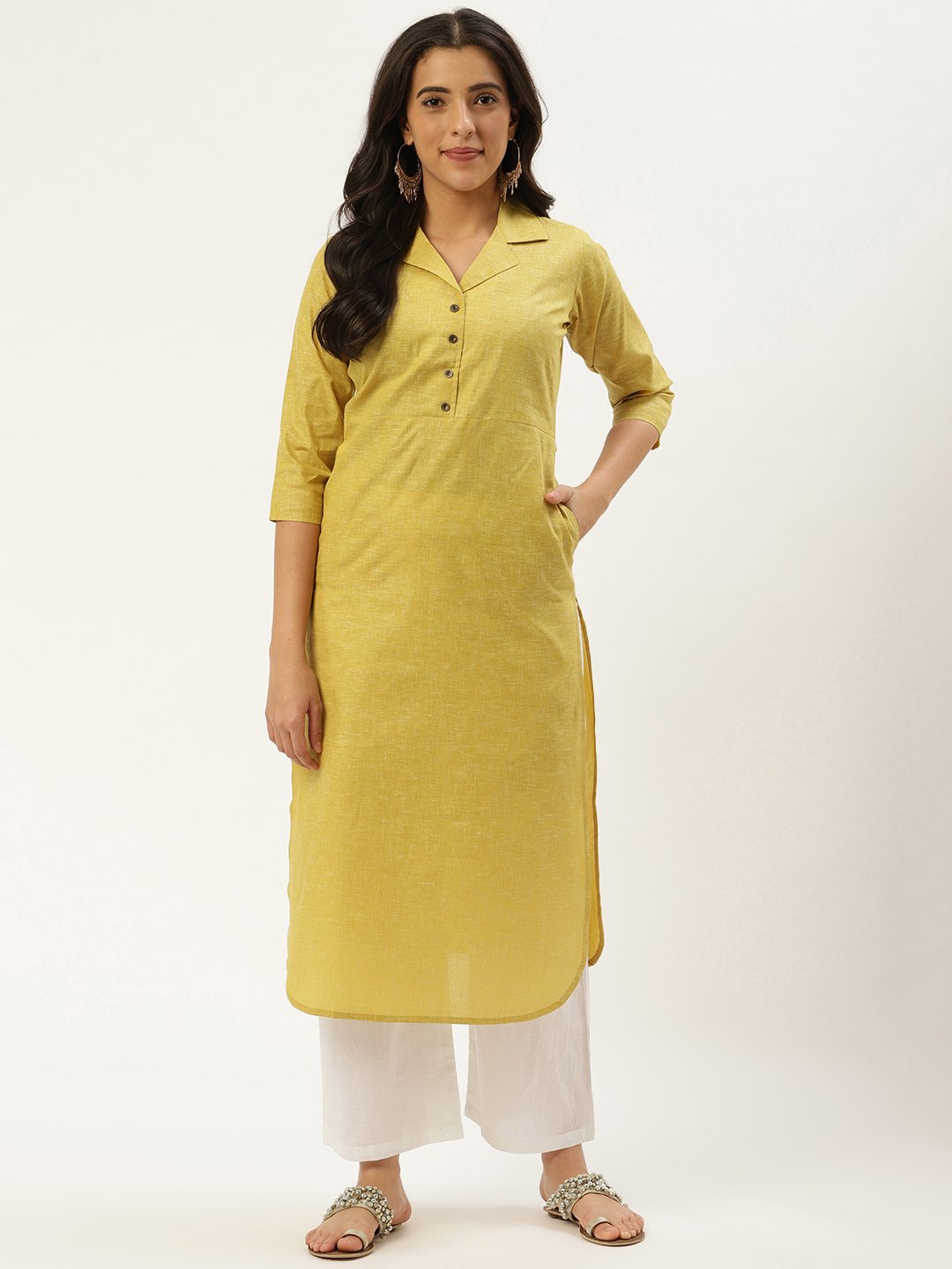 Women Green Calf Length Three-Quarter Sleeves Straight Lapel neck Solid Cotton Kurta | NOZ2TOZ - Made In INDIA.