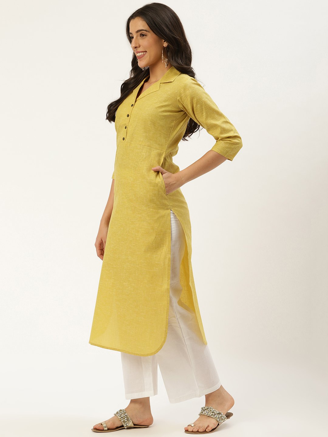 Women Green Calf Length Three-Quarter Sleeves Straight Lapel neck Solid Cotton Kurta | NOZ2TOZ - Made In INDIA.